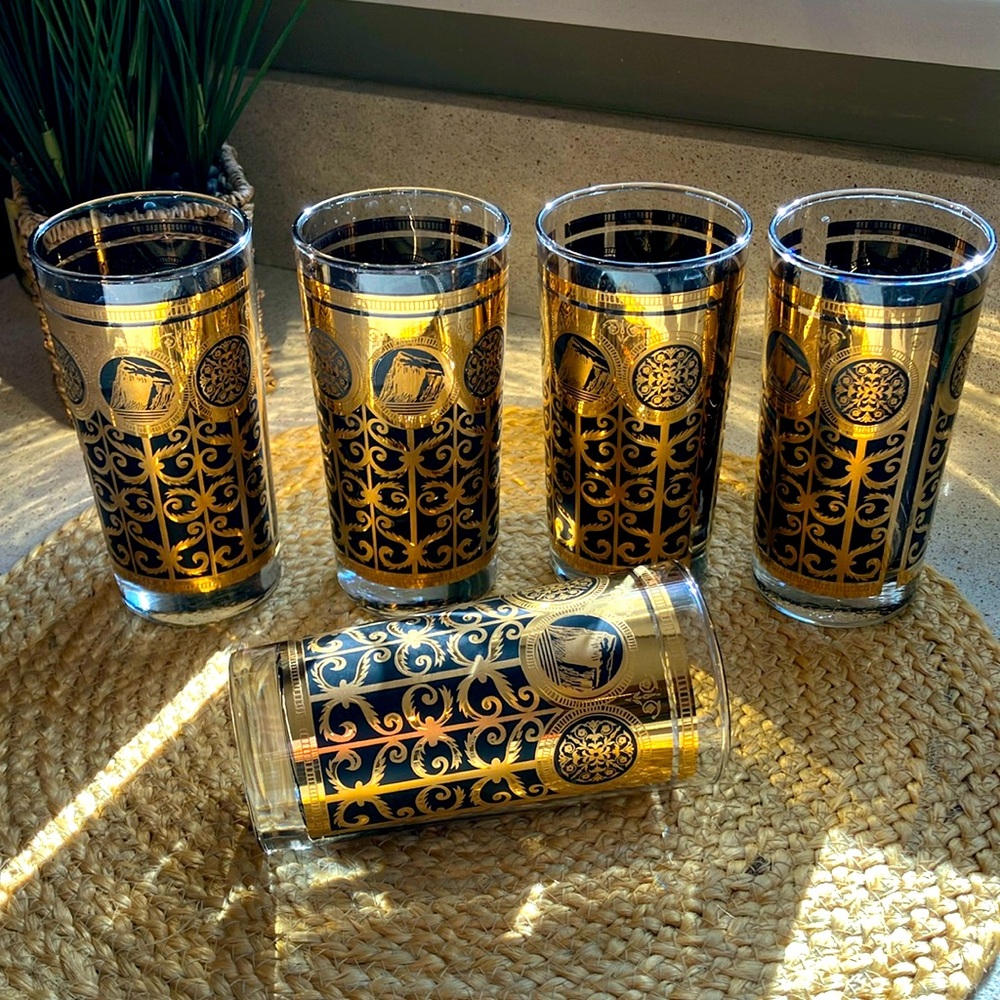 (5) Vintage Libbey Prudential Black and Gold Glasses - 1960s